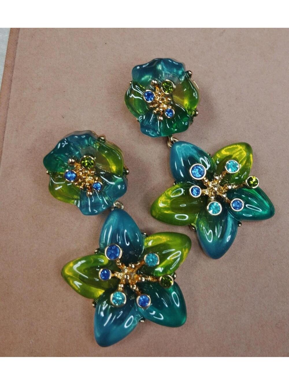 New Blue Green Chunky Resin Statement Flower Earrings With Rhinestones